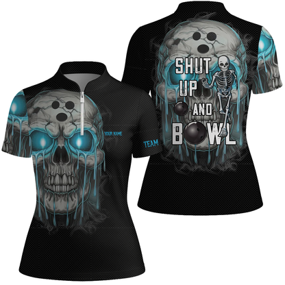 Custom Bowling Team Uniform Skull Flame Bowling Shirt - Shut Up And Bowl, Personalized Name And Team Name