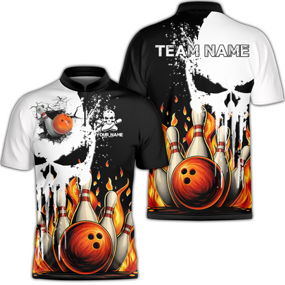 Custom Bowling Team Uniform Skull with Flaming Bowling and Pins, Personalized Name And Team Name