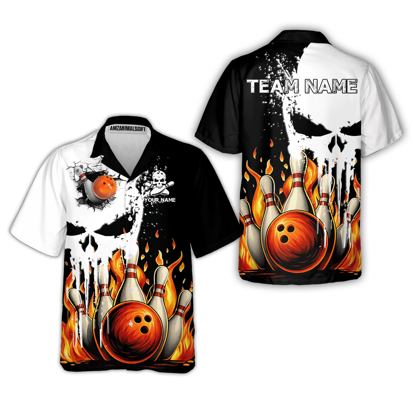 Custom Bowling Team Uniform Skull with Flaming Bowling and Pins, Personalized Name And Team Name