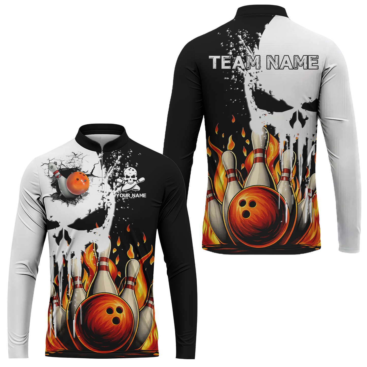 Custom Bowling Team Uniform Skull with Flaming Bowling and Pins, Personalized Name And Team Name