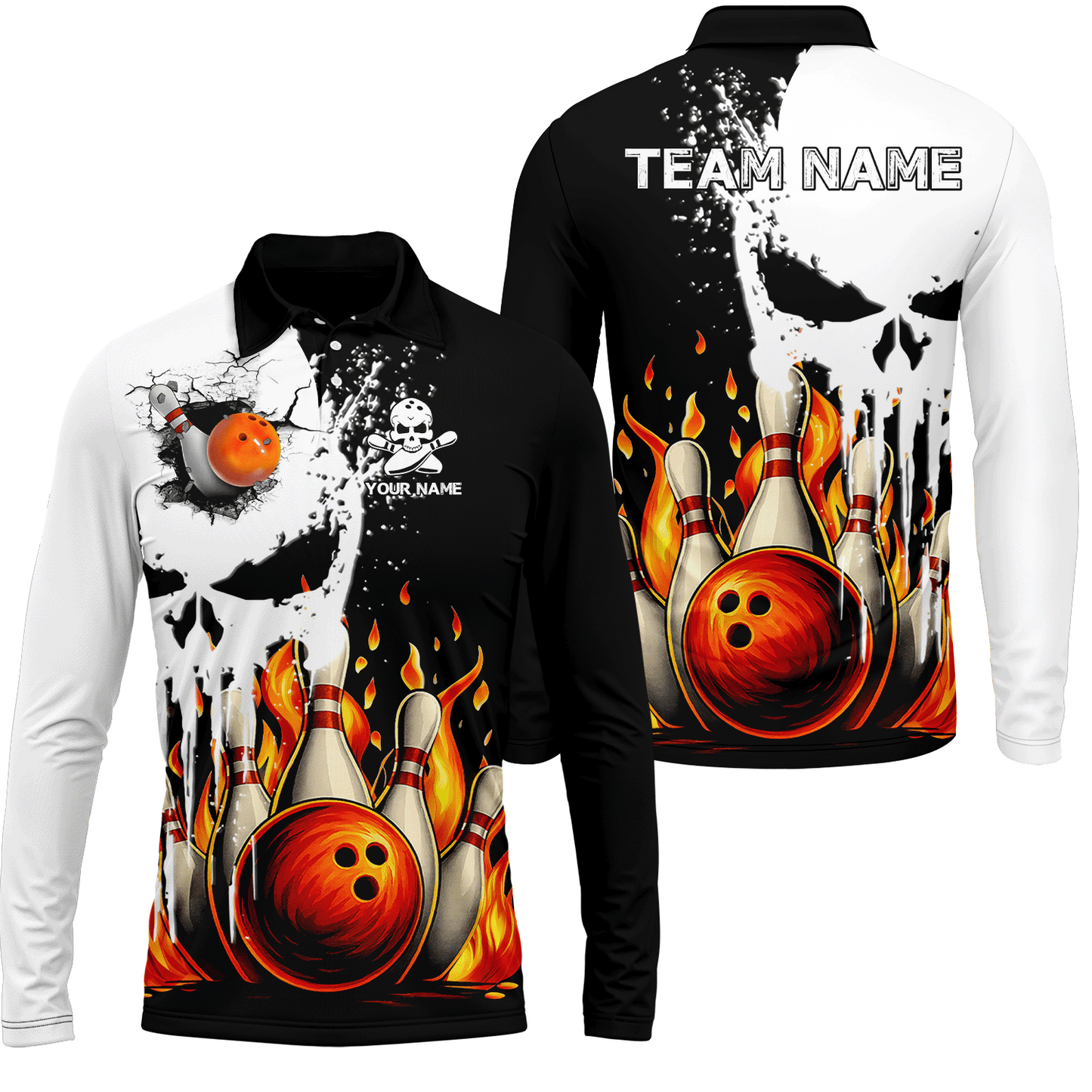 Custom Bowling Team Uniform Skull with Flaming Bowling and Pins, Personalized Name And Team Name