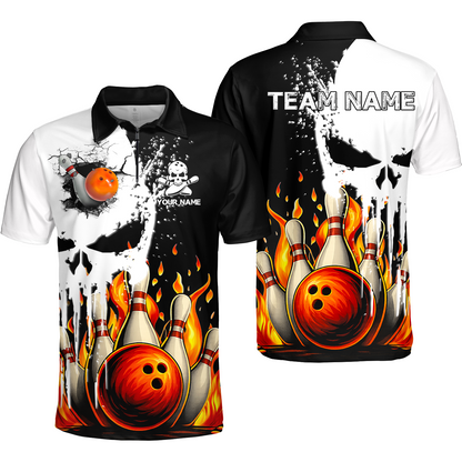 Custom Bowling Team Uniform Skull with Flaming Bowling and Pins, Personalized Name And Team Name