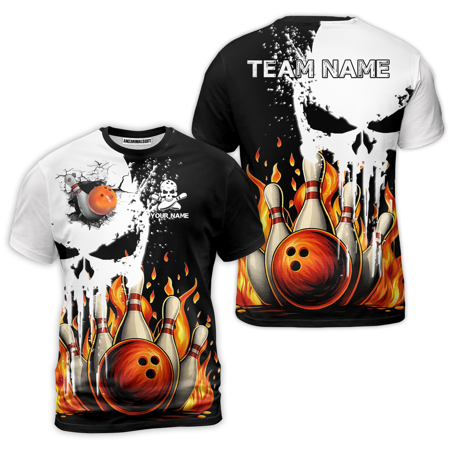 Custom Bowling Team Uniform Skull with Flaming Bowling and Pins, Personalized Name And Team Name