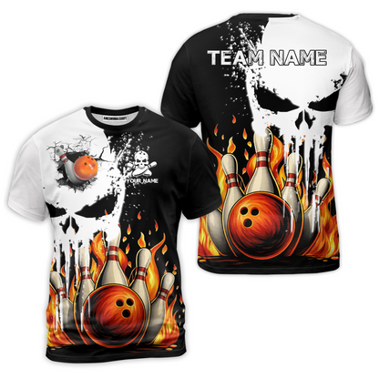 Custom Bowling Team Uniform Skull with Flaming Bowling and Pins, Personalized Name And Team Name