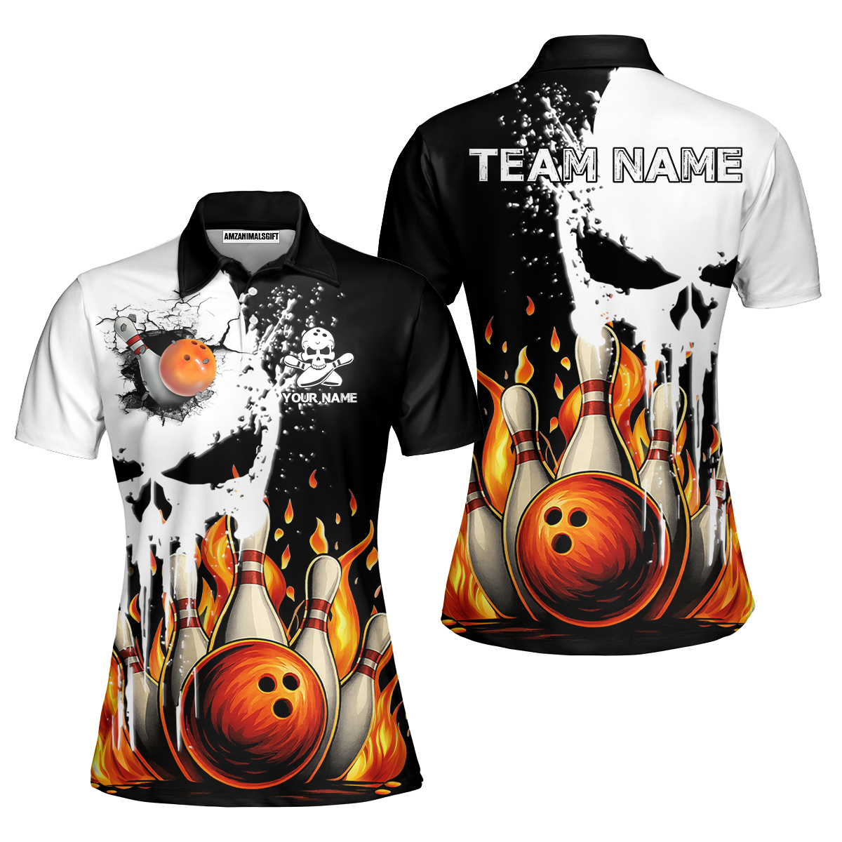 Custom Bowling Team Uniform Skull with Flaming Bowling and Pins, Personalized Name And Team Name