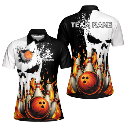 Custom Bowling Team Uniform Skull with Flaming Bowling and Pins, Personalized Name And Team Name