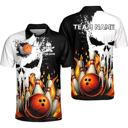 Custom Bowling Team Uniform Skull with Flaming Bowling and Pins, Personalized Name And Team Name