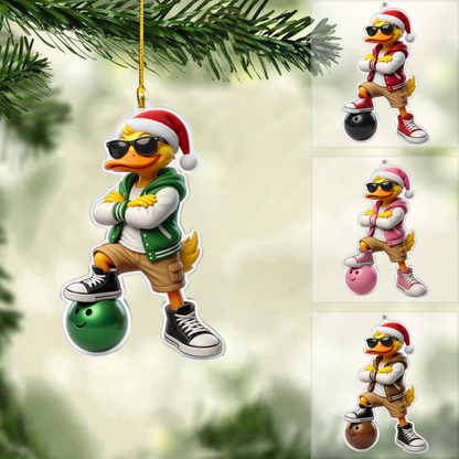 Personalized Bowling Christmas Ornament, Cool Duckie With Bowling, Custom Ornament Christmas Gift, Keychain Bowling, Car Ornament Bowling