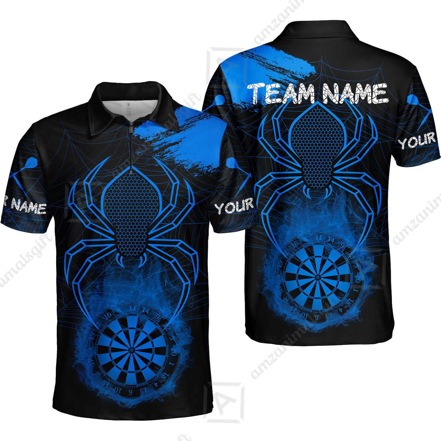 Customized Darts Quarter-Zip Polo Shirt, Darts Spider Men's Grunge Smoke Dartboard Zip Polo Shirt for Darts Players