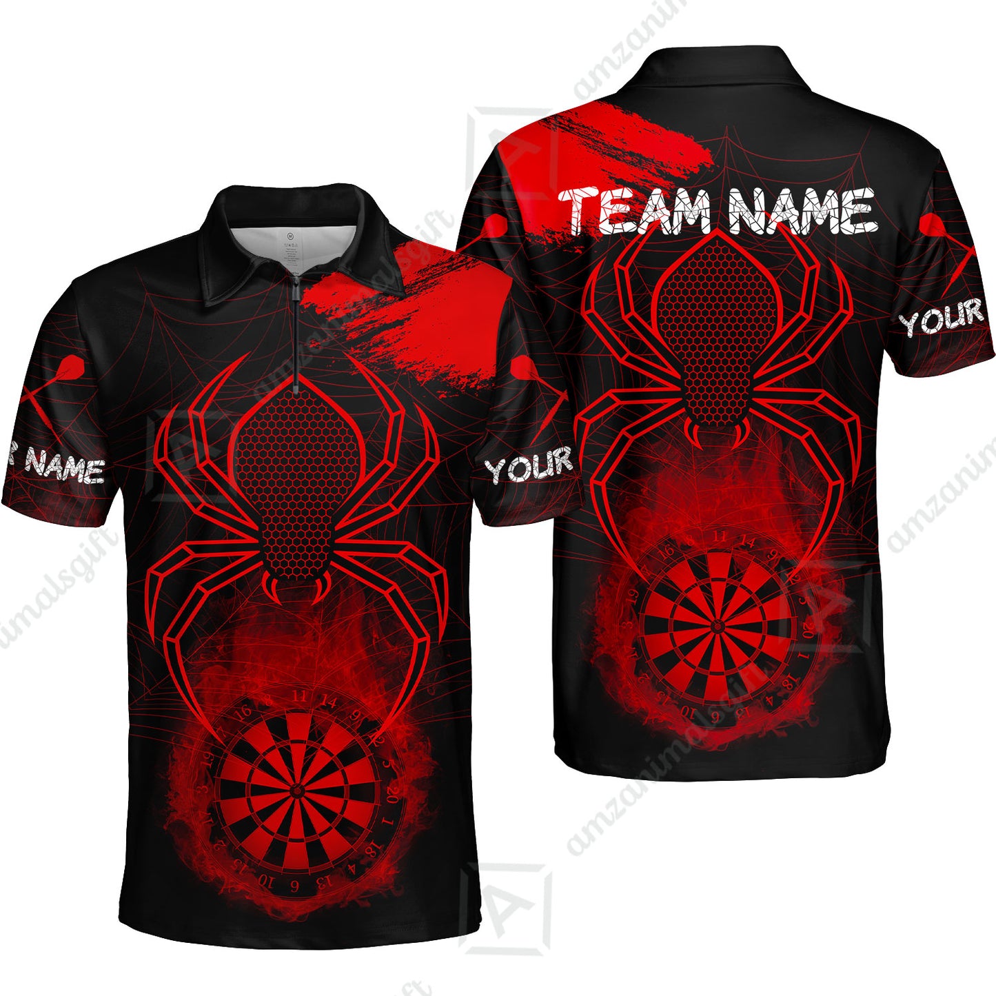 Customized Darts Quarter-Zip Polo Shirt, Darts Spider Men's Grunge Smoke Dartboard Zip Polo Shirt for Darts Players