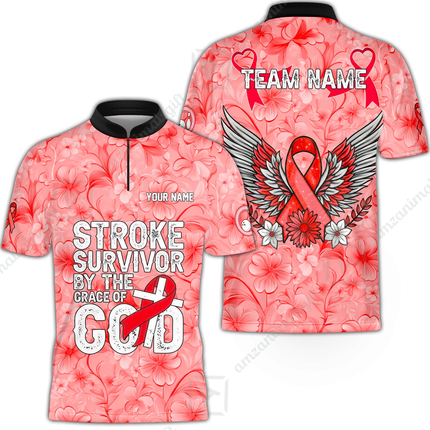 Stroke Survivor Custom Name Bowling Polo Shirt – Stroke Survivor By The Grace Of God – Custom Team Bowling Jersey