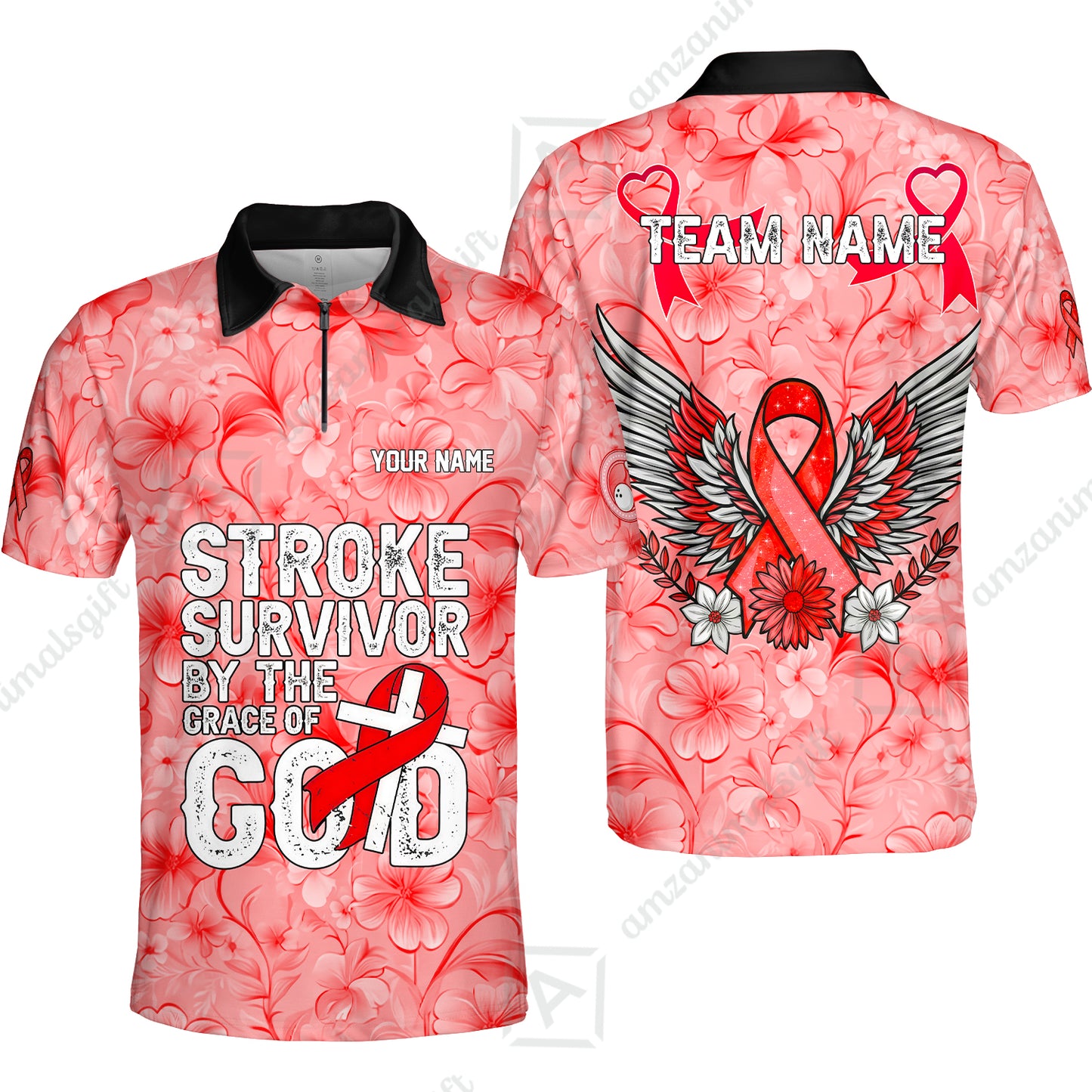 Stroke Survivor Custom Name Bowling Polo Shirt – Stroke Survivor By The Grace Of God – Custom Team Bowling Jersey