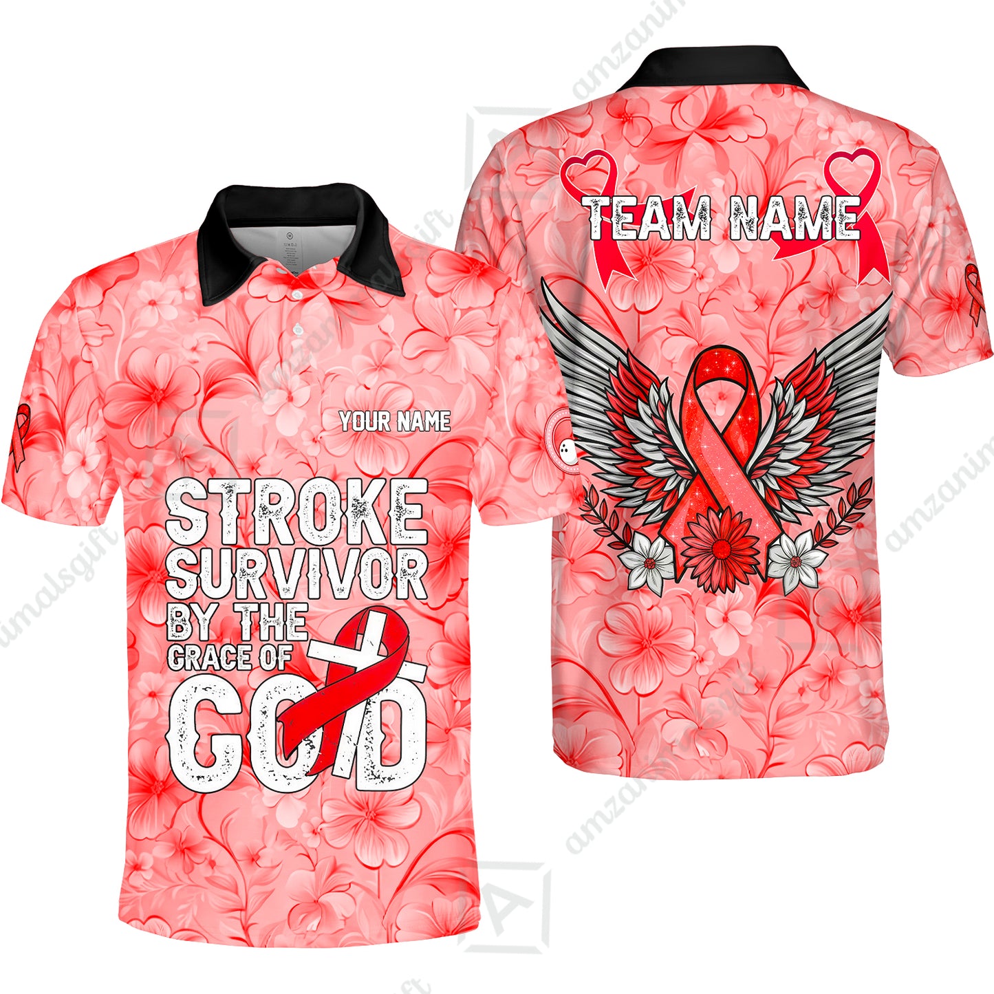 Stroke Survivor Custom Name Bowling Polo Shirt – Stroke Survivor By The Grace Of God – Custom Team Bowling Jersey