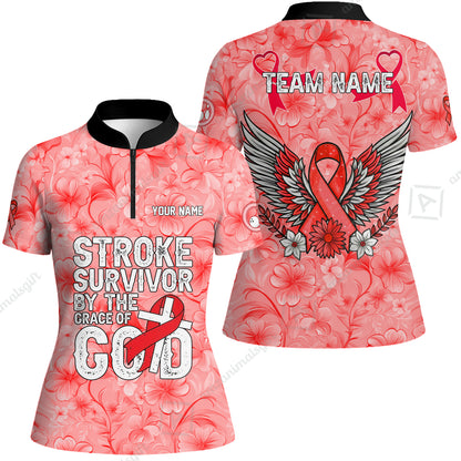 Stroke Survivor Custom Name Bowling Polo Shirt – Stroke Survivor By The Grace Of God – Custom Team Bowling Jersey