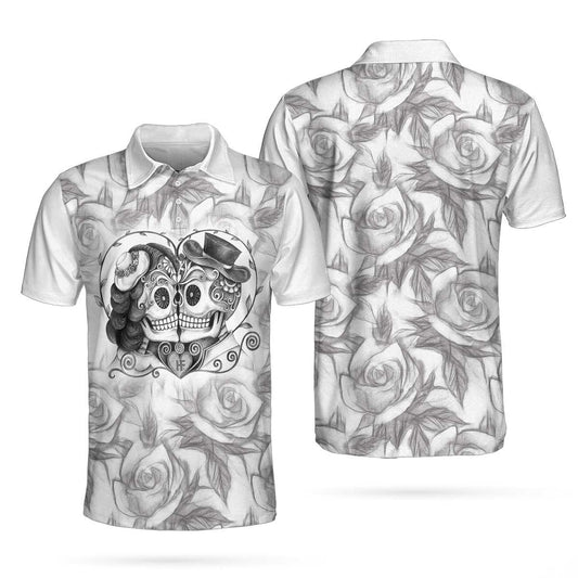 Men Golf Polo Shirt -  Sugar Skull Drawing Love Polo Shirt, Skull Couple Rose Pattern Pencil Sketching Polo Shirt For Men - Perfect Gift For Men