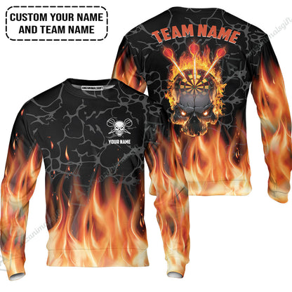 Personalized Darts Long Polo Shirt - Custom Name & Team Name Orange Flame Skull Darts Long Polo Shirt