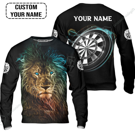 Customized Name Darts Sweatshirt, Blue Bullseye Dartboard Personalized Lion And Darts Sweatshirt