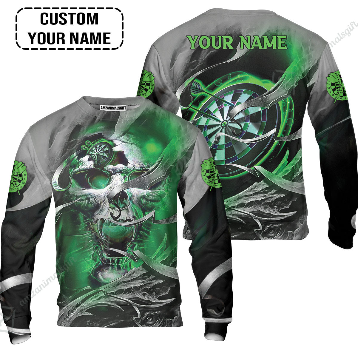 Customized Name Darts Zip Polo Shirt, Green Skull Light Dartboard Personalized Zip Polo Shirt