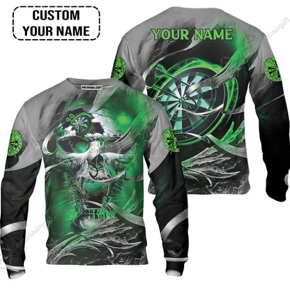 Customized Name Darts Zip Polo Shirt, Green Skull Light Dartboard Personalized Zip Polo Shirt