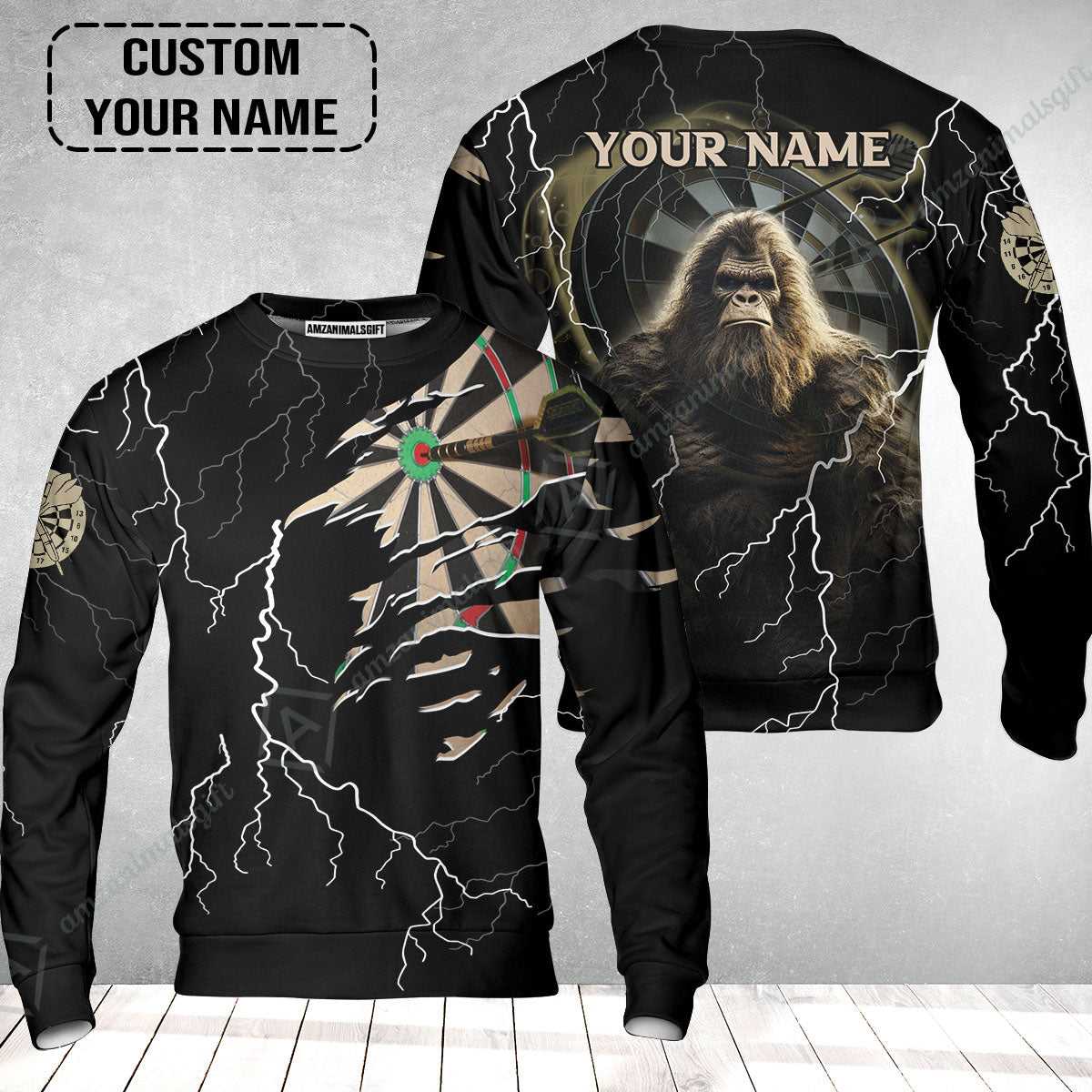 Customized Name Darts Sweatshirt, Bullseye Dartboard Personalized Bigfoot And Darts Sweatshirt