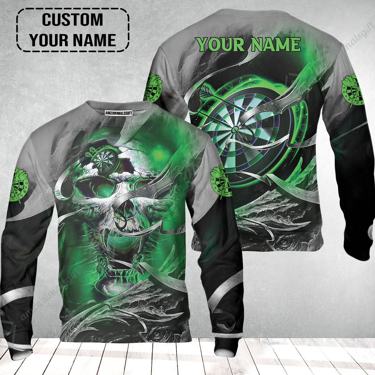 Customized Name Darts Sweatshirt, Green Skull Light Dartboard Personalized Sweatshirt