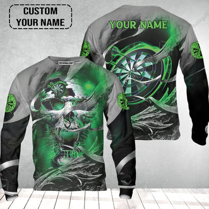 Customized Name Darts Sweatshirt, Green Skull Light Dartboard Personalized Sweatshirt