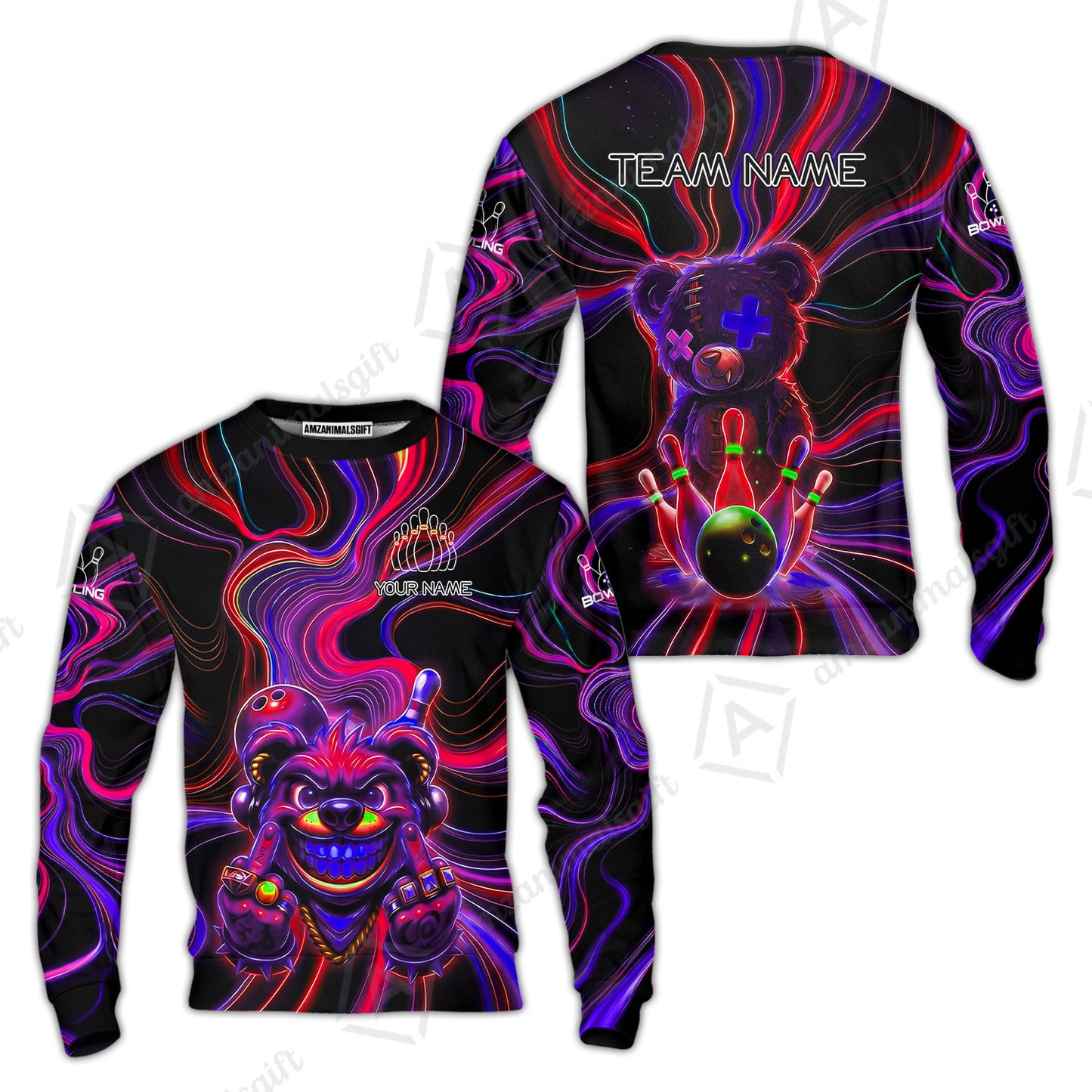 Customized Bowling Unisex Polo Shirt, Crazy Neon Bear Bowling Strike, Bowling Uniform - Personalized Name And Team Name