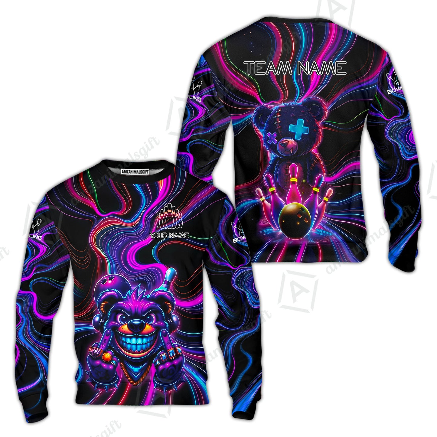 Customized Bowling Unisex Polo Shirt, Crazy Neon Bear Bowling Strike, Bowling Uniform - Personalized Name And Team Name