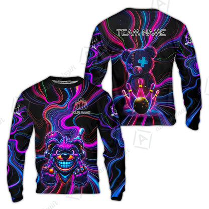 Customized Bowling Unisex Polo Shirt, Crazy Neon Bear Bowling Strike, Bowling Uniform - Personalized Name And Team Name