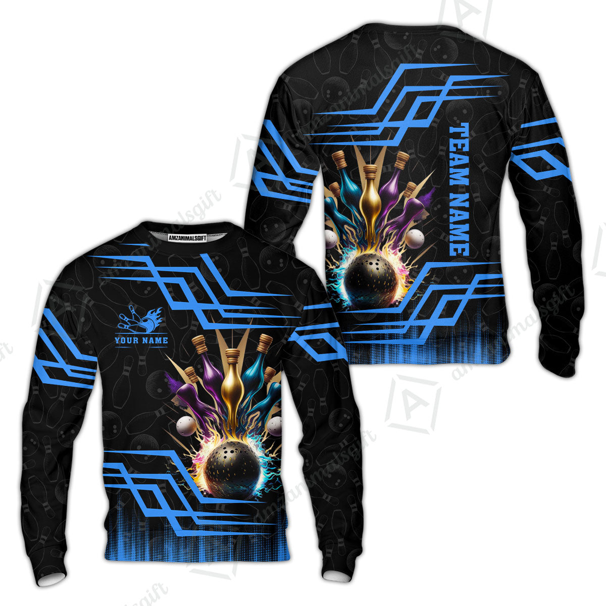 Customized Bowling Unisex Polo, Bowling And Pins Royal Multicolor Option Customized Name And Team Name For Bowling Team