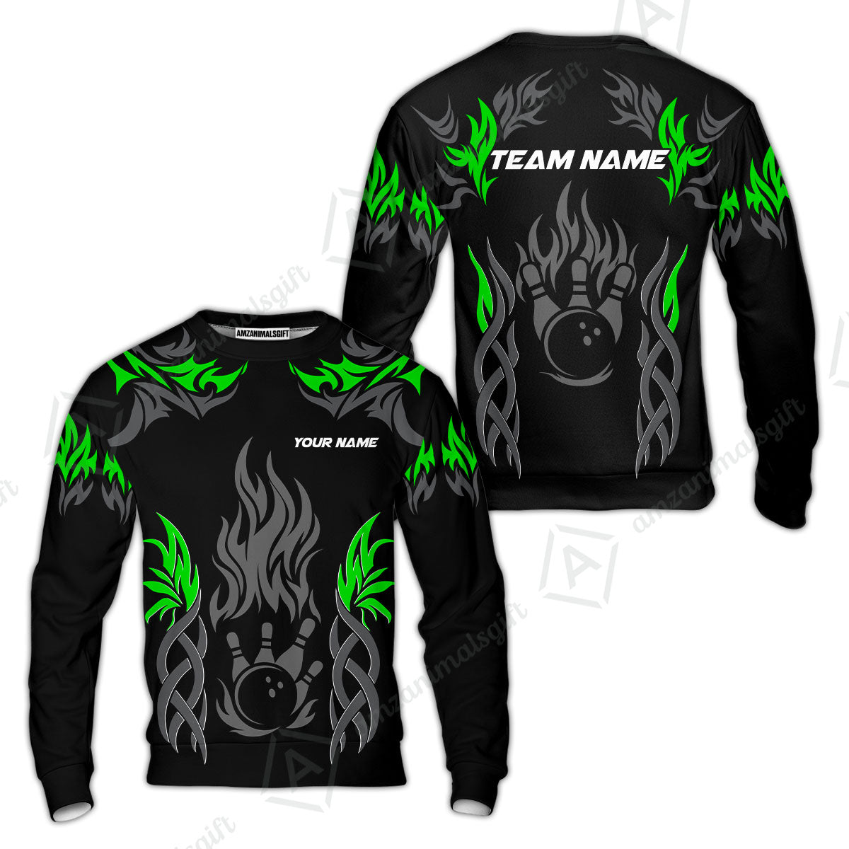 Personalized Bowling Team Sweatshirt, Tribal And Bowling Flame Multi Option Customized Polo Shirt - Black