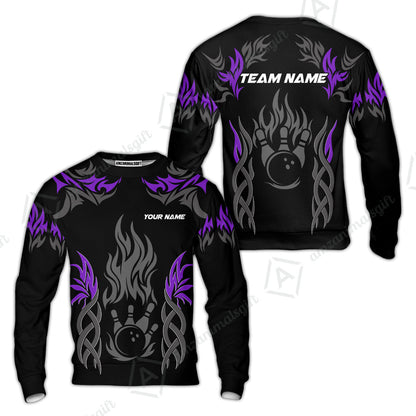 Personalized Bowling Team Sweatshirt, Tribal And Bowling Flame Multi Option Customized Polo Shirt - Black