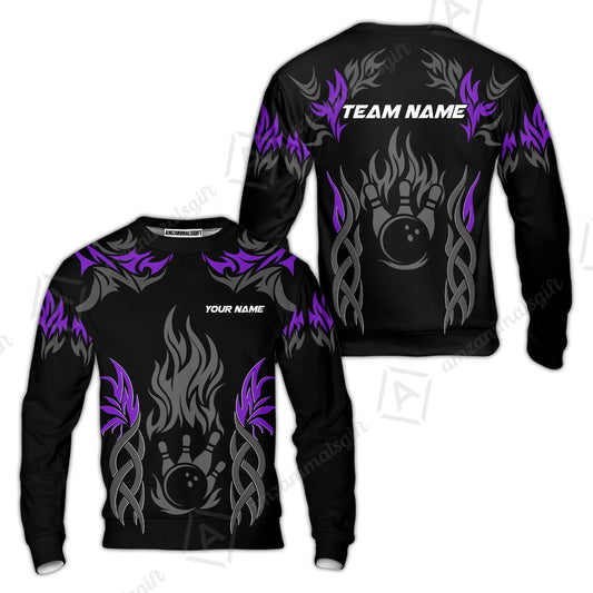 Personalized Bowling Team Sweatshirt, Tribal And Bowling Flame Multi Option Customized Polo Shirt - Black