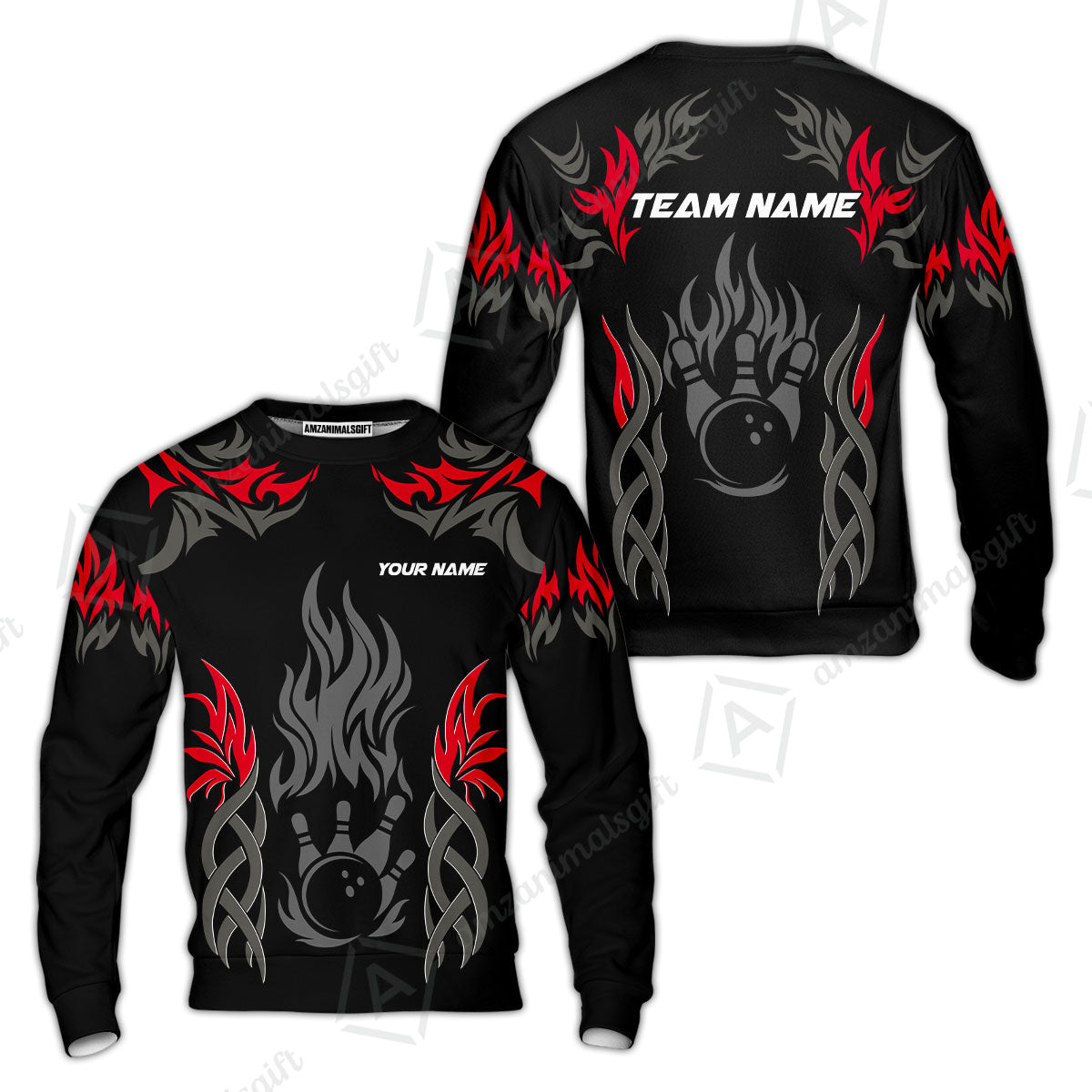 Personalized Bowling Team Sweatshirt, Tribal And Bowling Flame Multi Option Customized Polo Shirt - Black