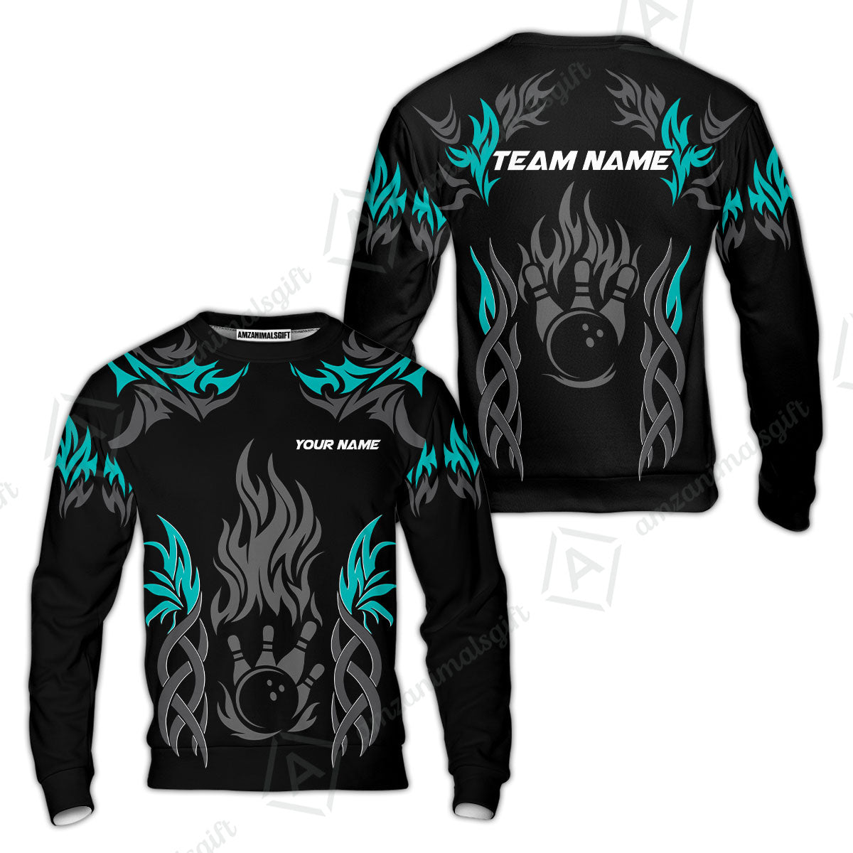 Personalized Bowling Team Sweatshirt, Tribal And Bowling Flame Multi Option Customized Polo Shirt - Black