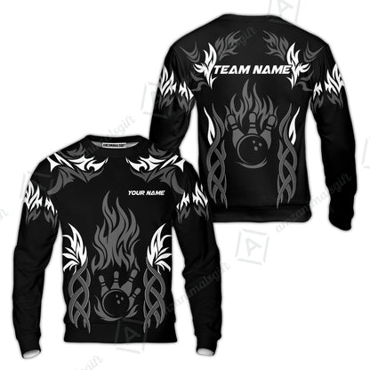 Personalized Bowling Team Sweatshirt, Tribal And Bowling Flame Multi Option Customized Polo Shirt - Black