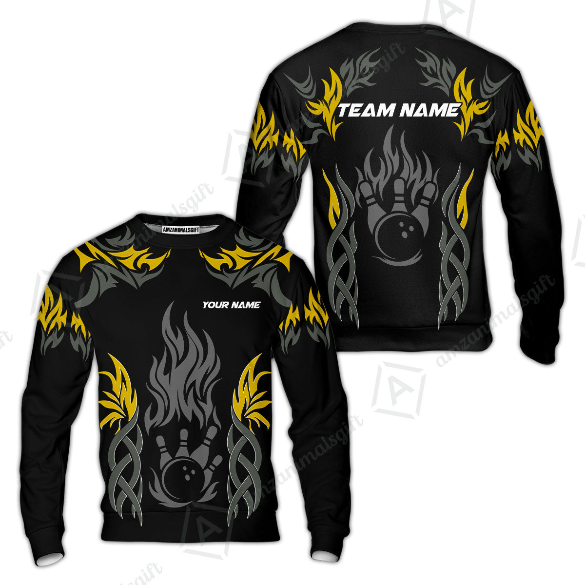 Personalized Bowling Team Sweatshirt, Tribal And Bowling Flame Multi Option Customized Polo Shirt - Black