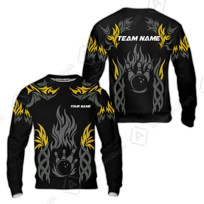 Personalized Bowling Team Sweatshirt, Tribal And Bowling Flame Multi Option Customized Polo Shirt - Black