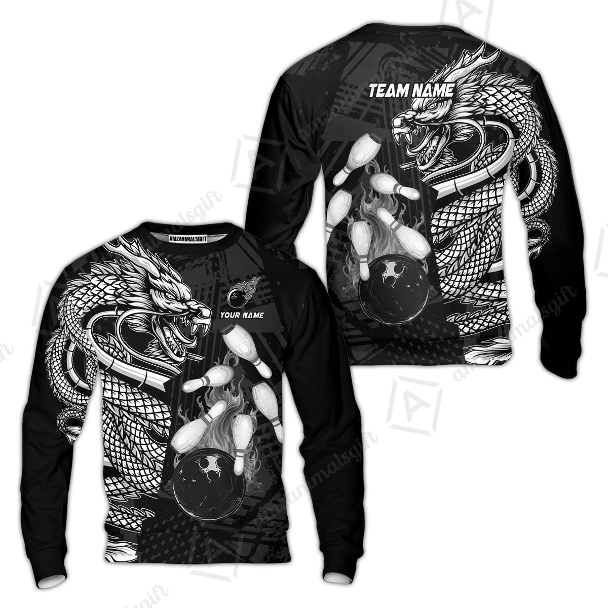 Custom Bowling Team Jerseys Polo Shirts, Bowling uniforms Bowling & Pins Dragon Flame Fire Multicolor Options Personalized Name And Team Name