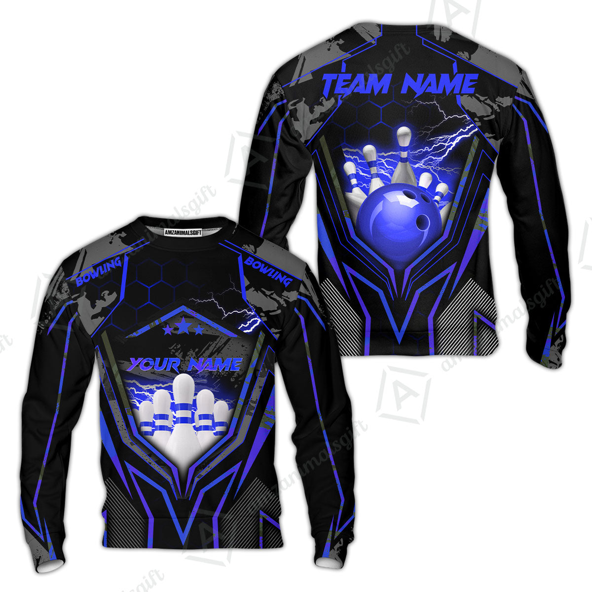 Customized Bowling Jersey, Bowling And Pins Abstract Grunge Texture X Multicolor Option Customized Name And Team Name Zipper Polo Jerseys Shirts