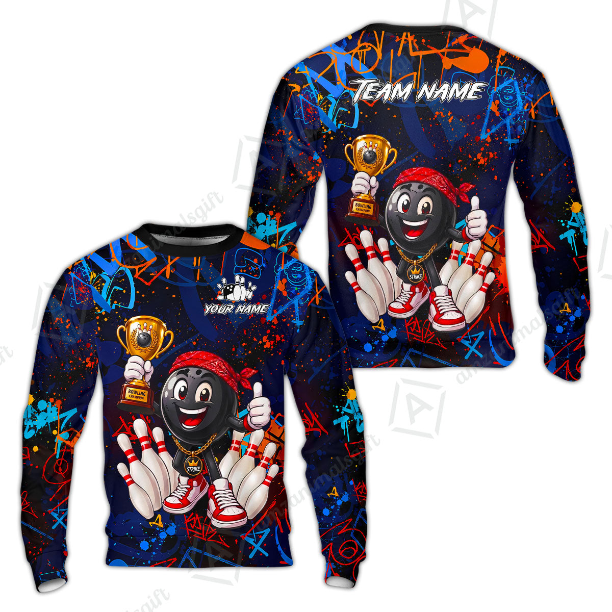 Custom Bowling Jersey Polo Shirt, Graffiti Champion, Custom Bowling Jersey Team Shirt For Players With Name & Team Name