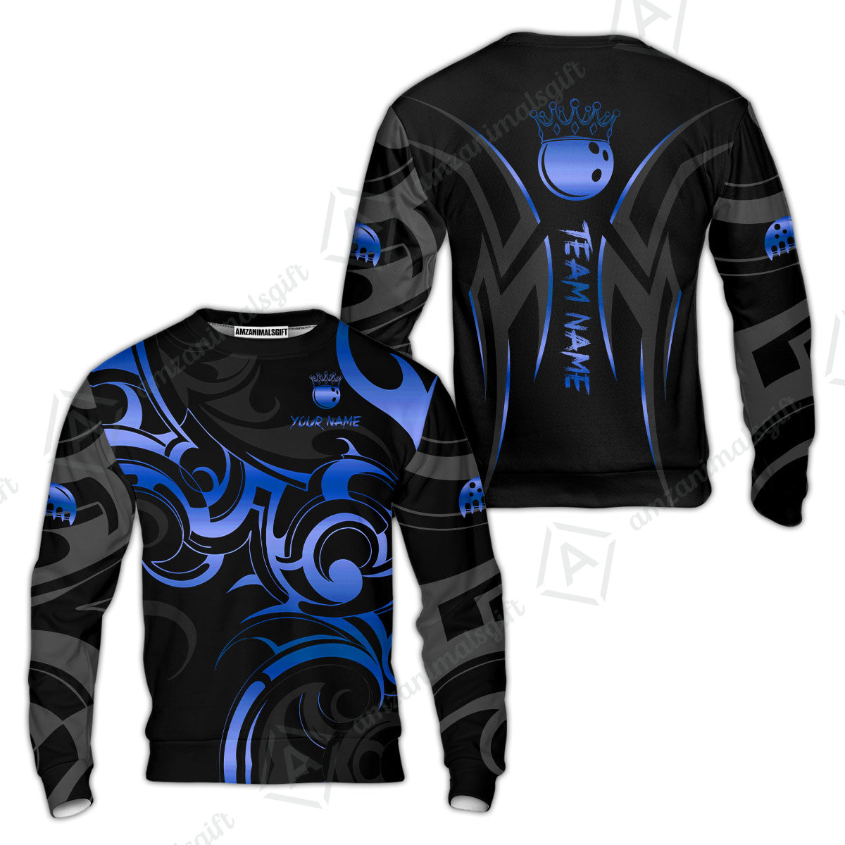 Customized Bowling Team Sweatshirt, Bowling Swirling Fire Flames Gold And Black Style Polo Shirt For Bowlers