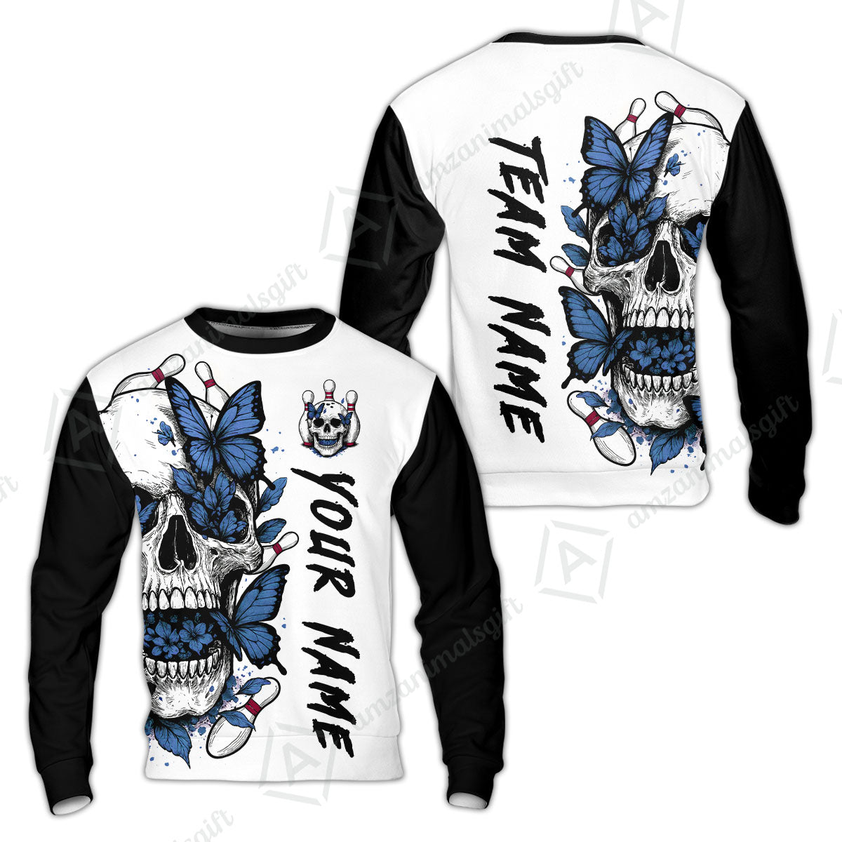 Custom Bowling Jersey Polo Shirt, Skull With Butterfly, Custom Bowling Jersey Team Shirt For Players With Name and Team Name
