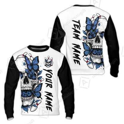 Custom Bowling Jersey Polo Shirt, Skull With Butterfly, Custom Bowling Jersey Team Shirt For Players With Name and Team Name