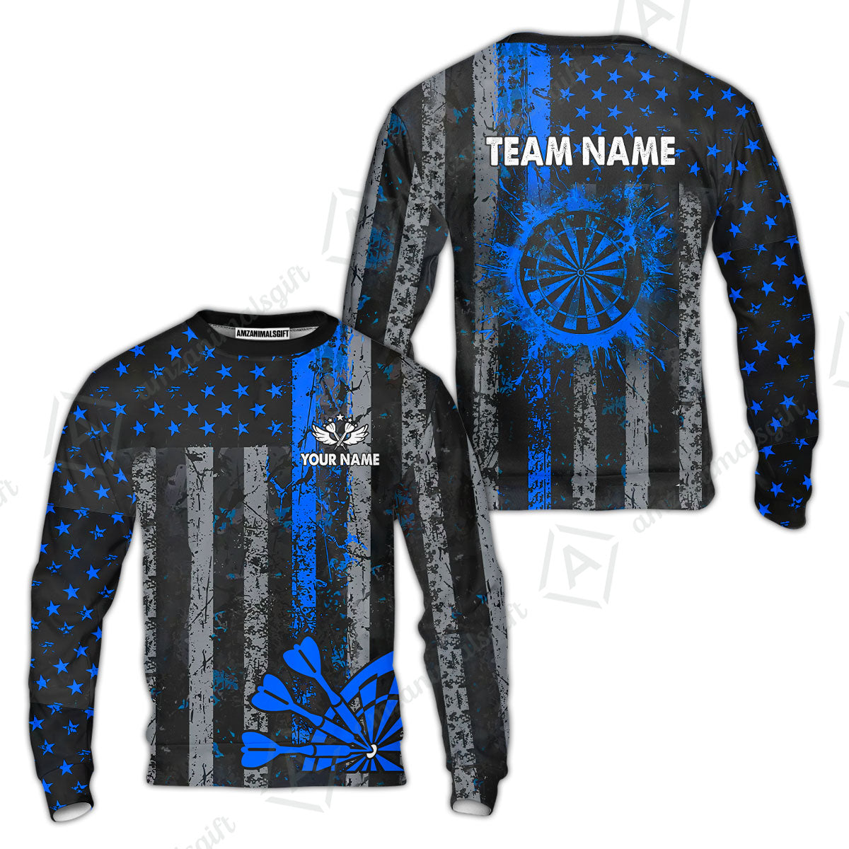 Customized Darts Sweatshirt, Turquoise Grunge US Flag Patriotic Darts Sweatshirt Jersey for Darts Players