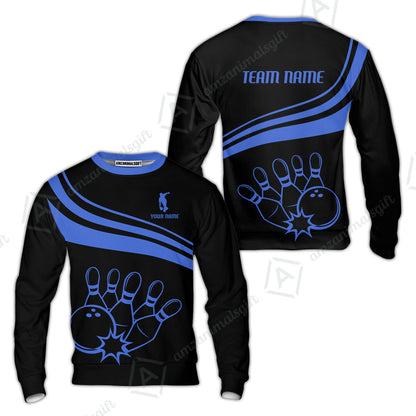 Bowling Customized Jersey Black Shirt Blue Curve Bowling Tenpin Quarter Zip Shirt, Outfit For Bowlers, Bowling Team