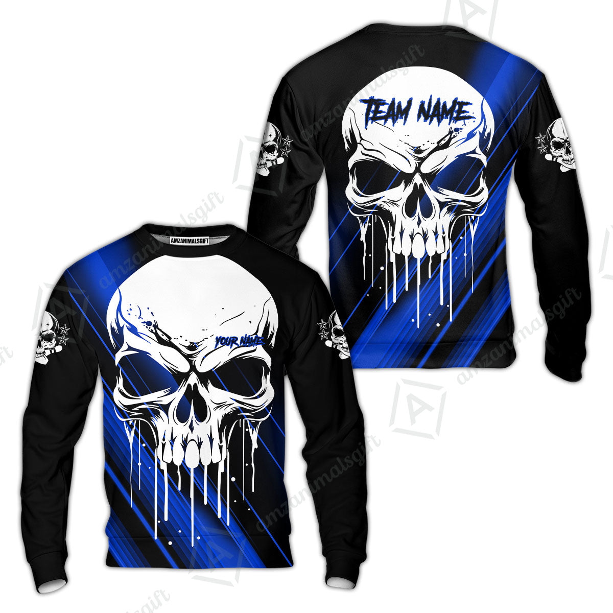Customized Bowling Polo, Blue Skull Bowling Creepy Style Bowling jerseys Custom Name And Team Shirt