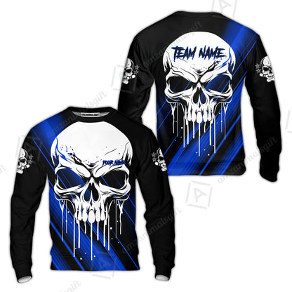 Customized Bowling Polo, Blue Skull Bowling Creepy Style Bowling jerseys Custom Name And Team Shirt