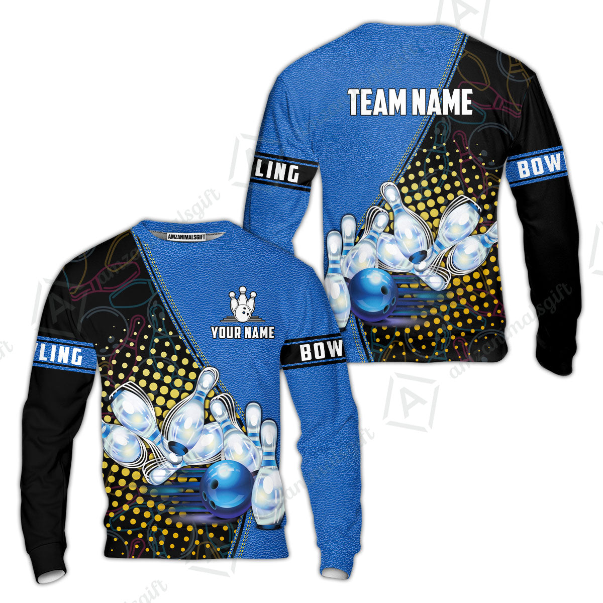 Custom Bowling Sweatshirt - Black And Blue Bowling Ball Pattern Personalized Name Sweatshirt