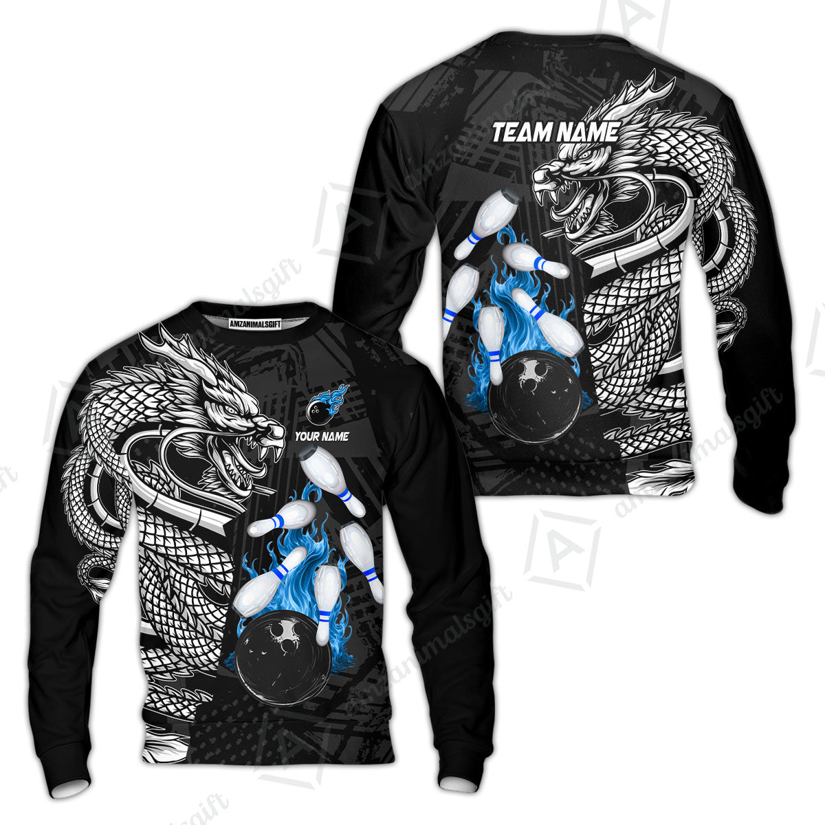 Custom Bowling Team Jerseys Polo Shirts, Bowling uniforms Bowling & Pins Dragon Flame Fire Multicolor Options Personalized Name And Team Name